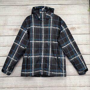 Quiksilver Jacket Mens Small Black Gray Blue Plaid Hooded Quiktech 5K Snow Coat